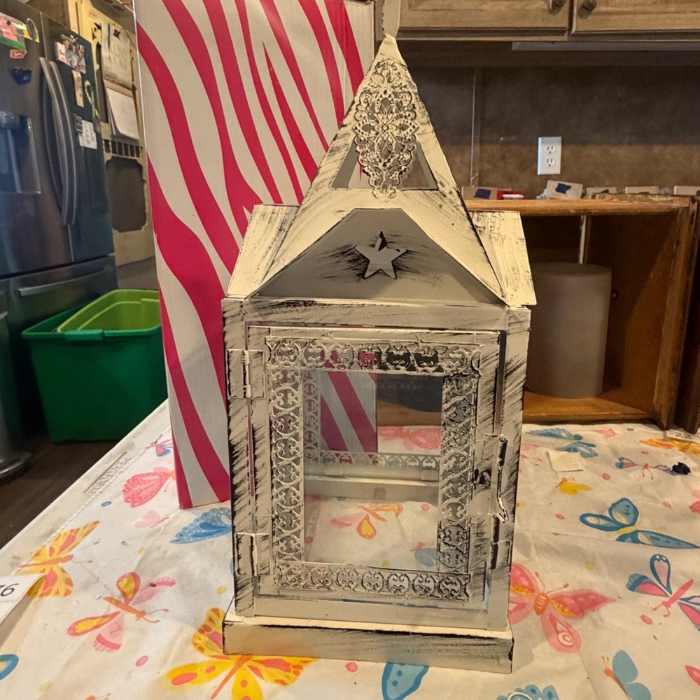Pink Zebra Distressed White Metal Church Lantern Candle Holder Chapel